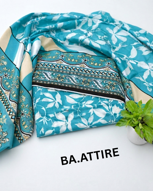 B.S Volume 01 - Printed Lawn 3 Piece Suit - Turquoise Blue and White with Floral Print