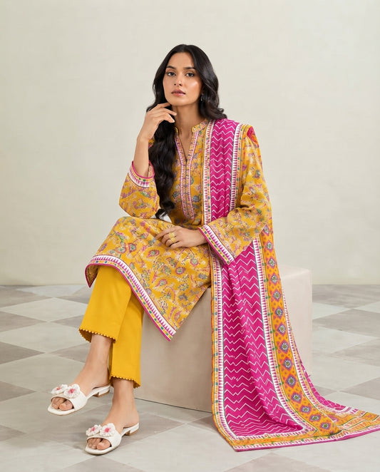 3-Piece Printed Linen Winter – Mustard Traditional