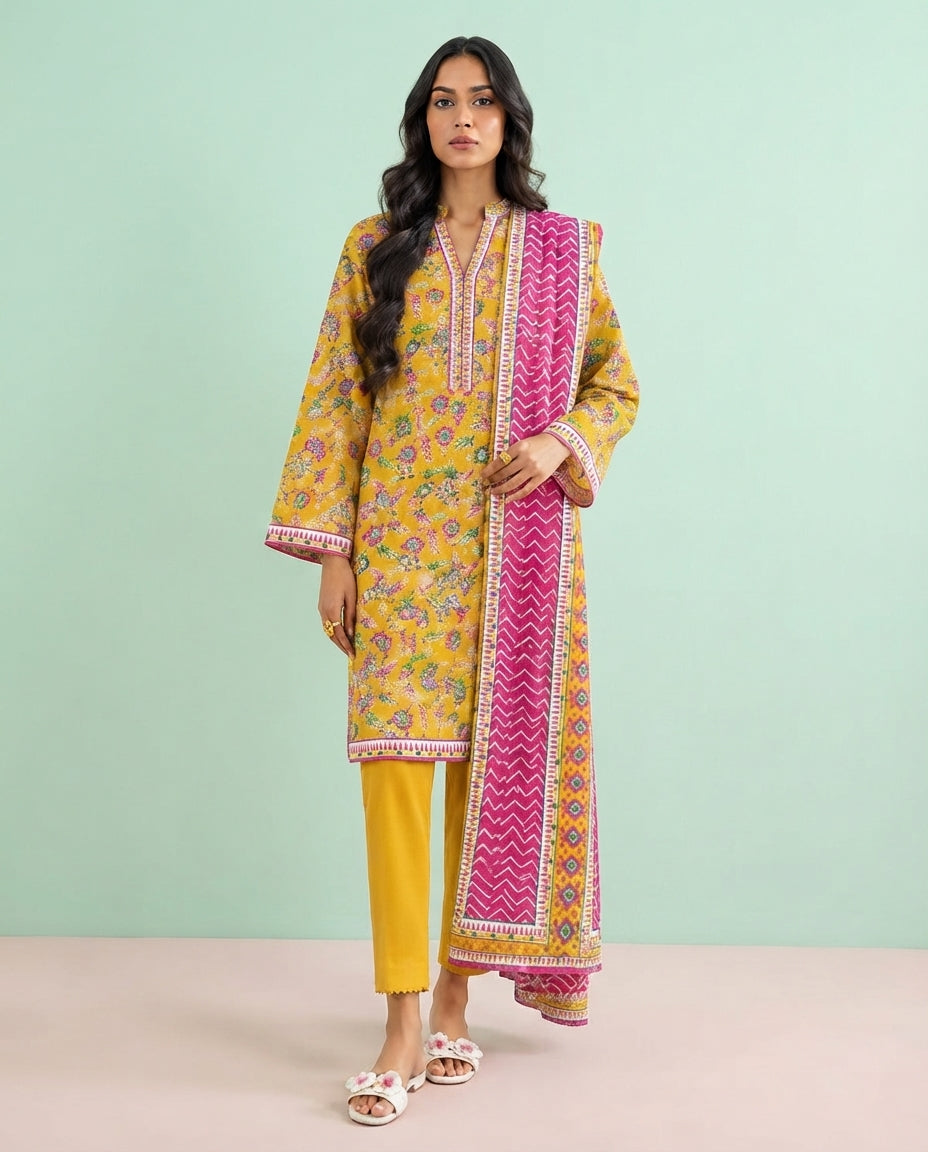 3-Piece Printed Linen Winter – Mustard Traditional