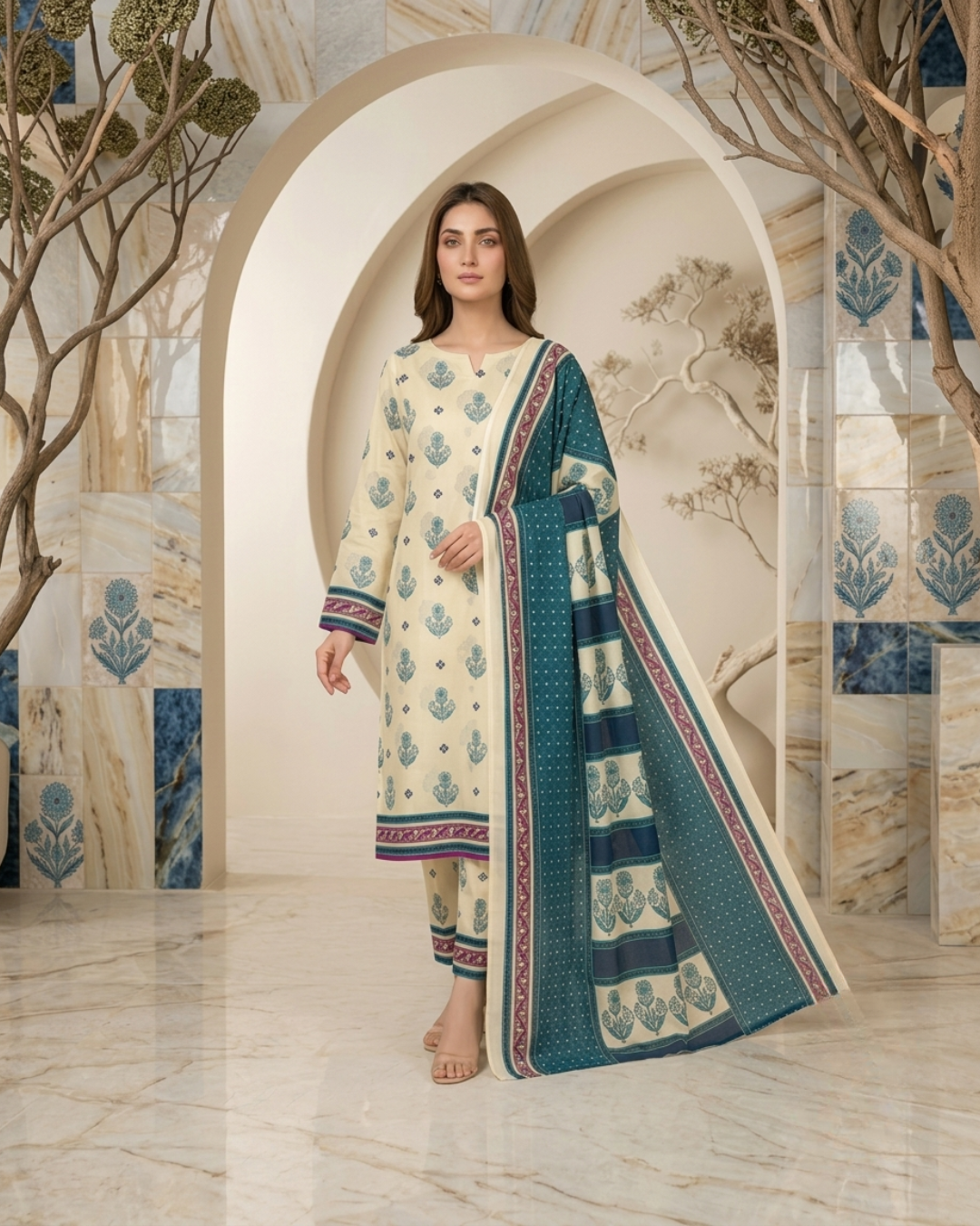 Printed Lawn 3Pc Suit – Off-White & Teal Floral