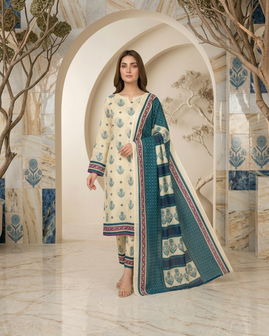 Printed Lawn 3Pc Suit – Off-White & Teal Floral