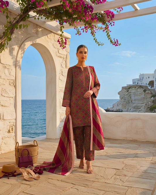 Printed Lawn 3Pc Suit – Brown & Magenta Geometric