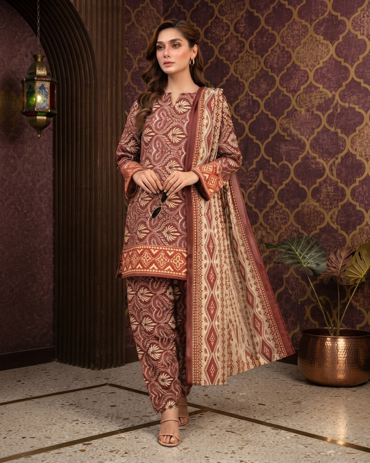 Printed Lawn 3Pc Suit – Rust Brown & Beige Geometric