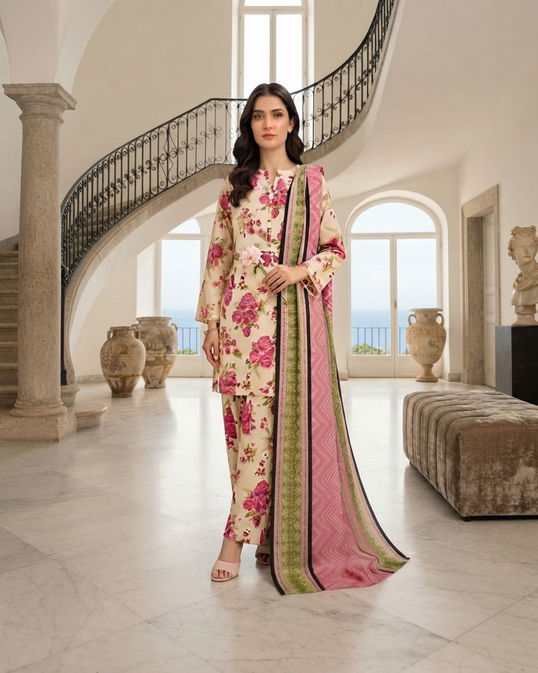 Printed Lawn 3Pc Suit – Beige & Pink Floral
