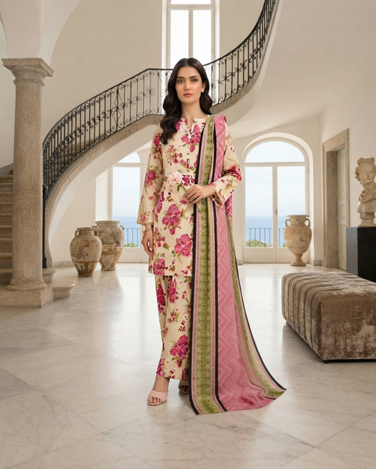 Printed Lawn 3Pc Suit – Beige & Pink Floral