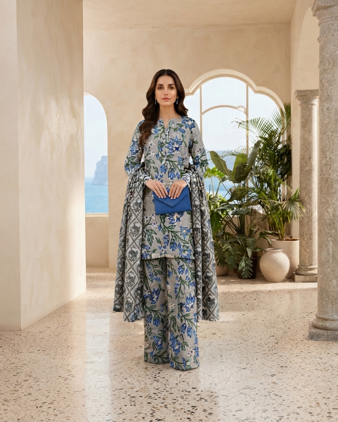 Printed Lawn 3Pc Suit – Grey & Blue Floral