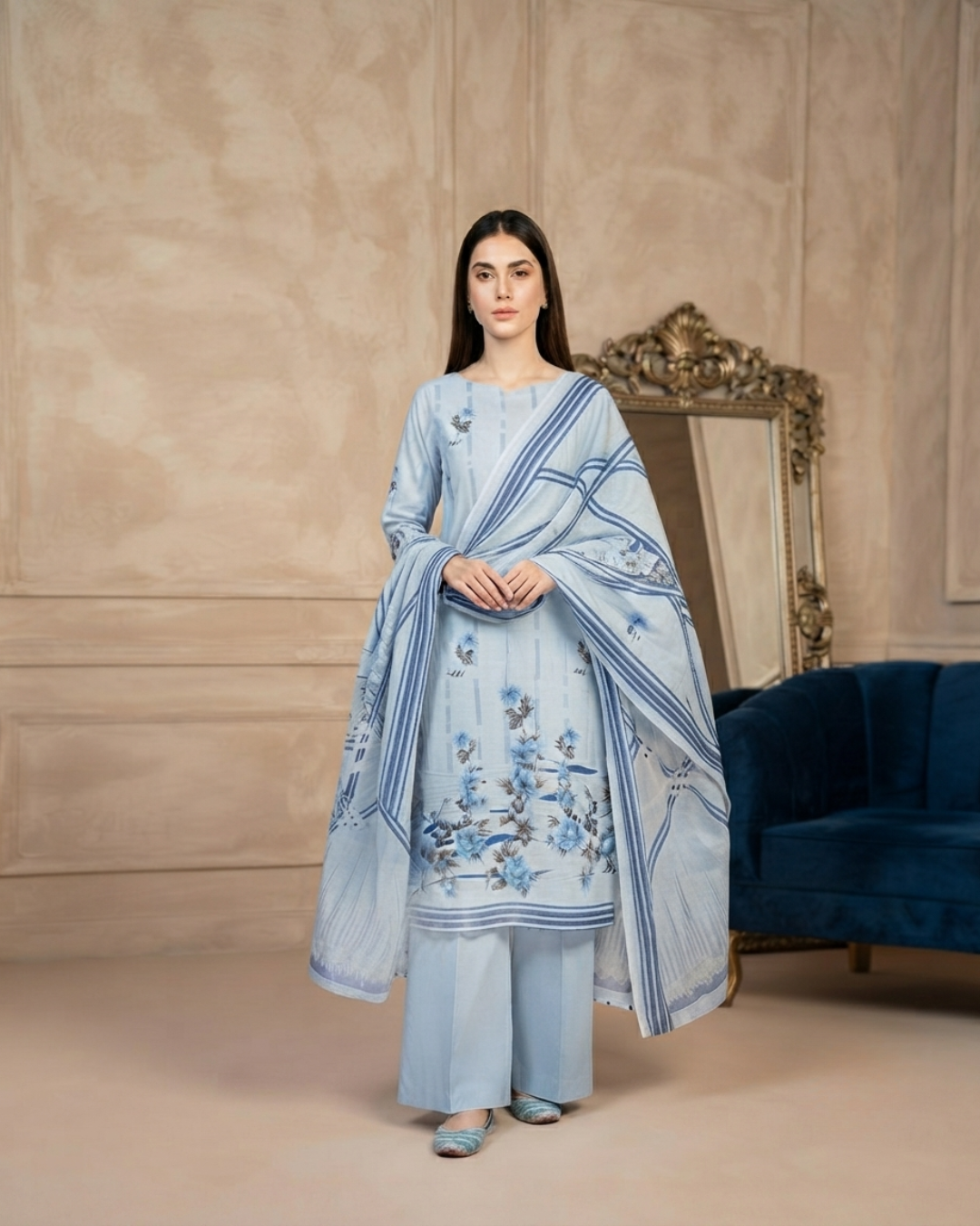 Printed Lawn 3Pc Suit – Light Blue Floral & Geometric