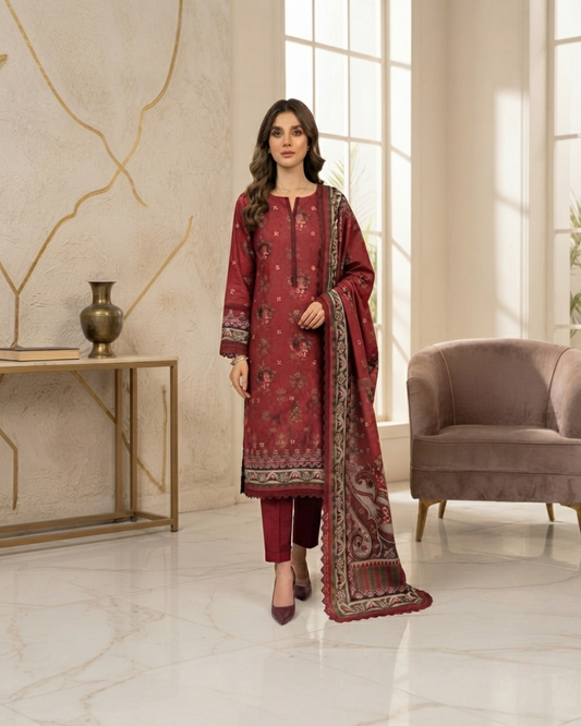 Printed Lawn 3Pc Suit – Maroon & Beige Floral