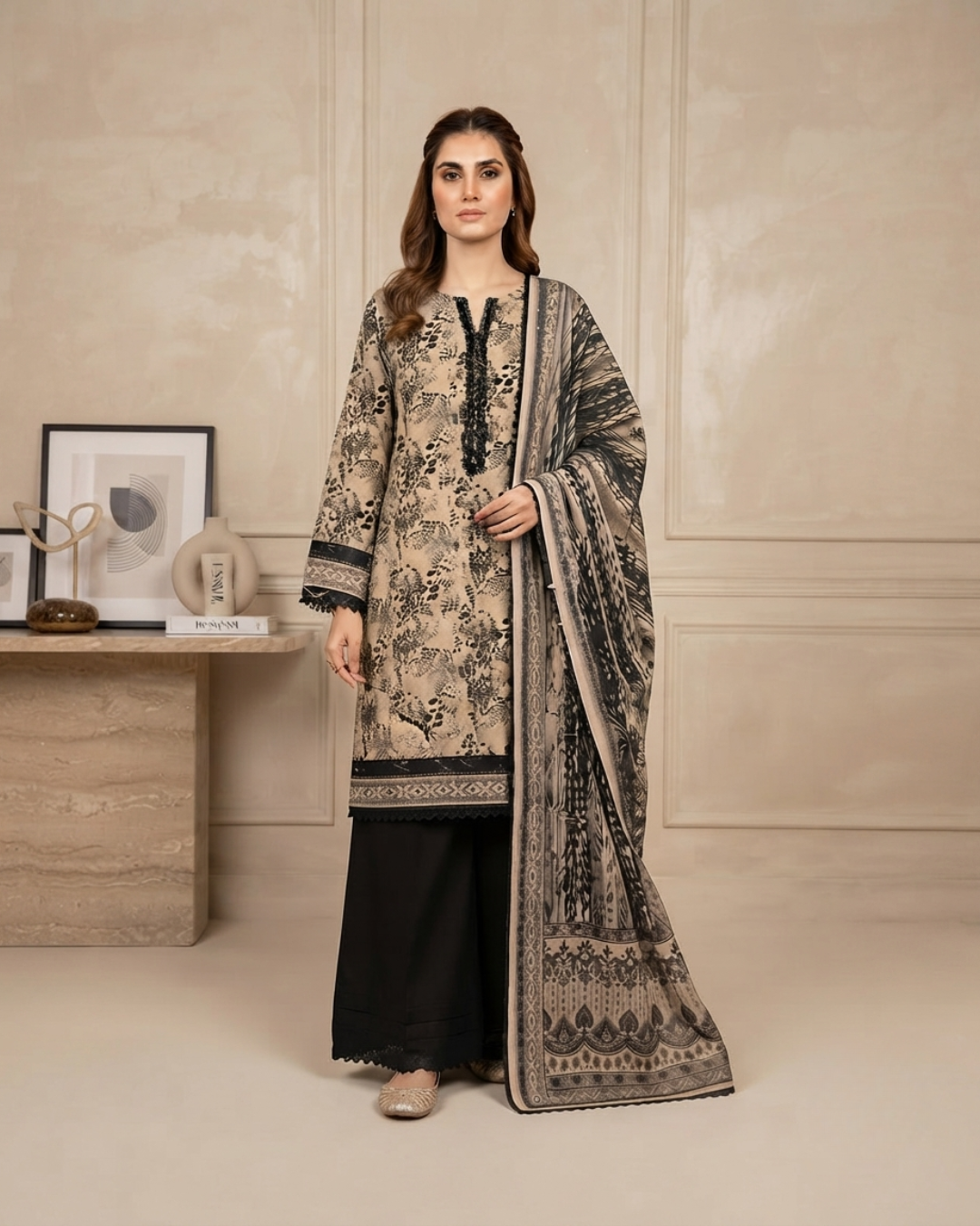 Printed Lawn 3Pc Suit – Beige & Black Abstract