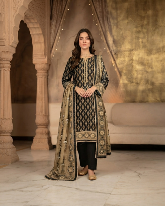 Printed Lawn 3Pc Suit – Black & Beige Geometric