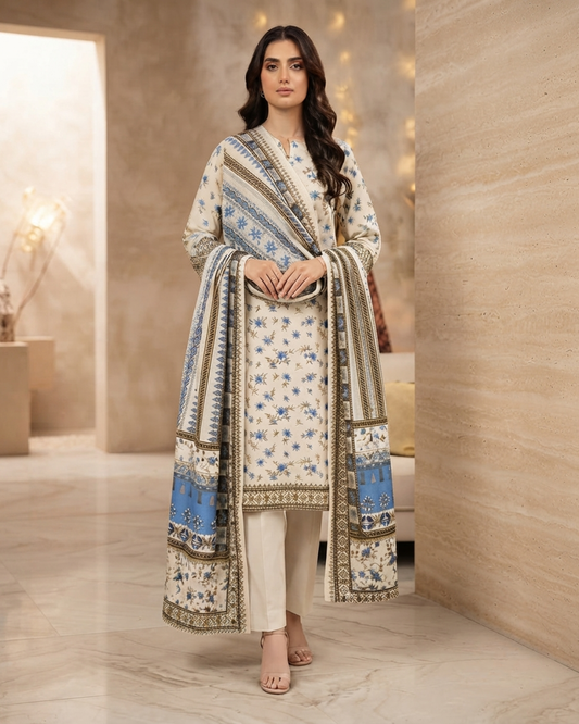 Printed Lawn 3Pc Suit – Off-White & Blue Floral