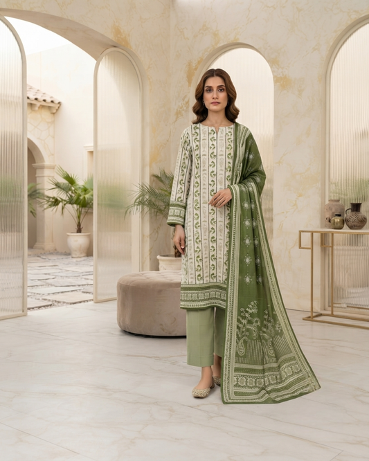 Printed Lawn 3Pc Suit – Off-White & Olive Green Geometric