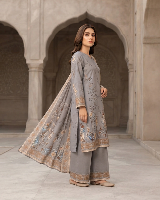 Printed Lawn 3Pc Suit – Grey & Beige Floral