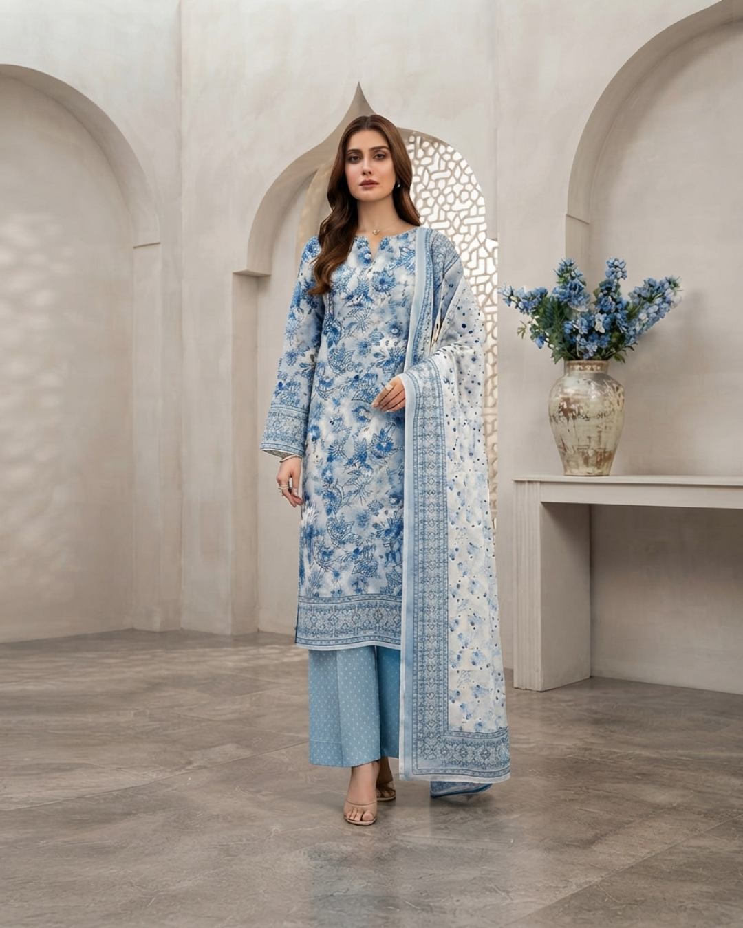 Printed Lawn 3Pc Suit – Blue & White Floral