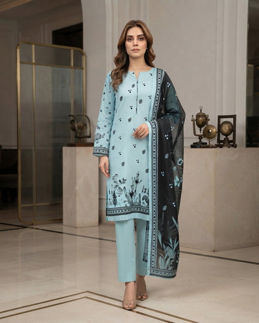 Printed Lawn 3Pc Suit – Light Blue & Black Floral