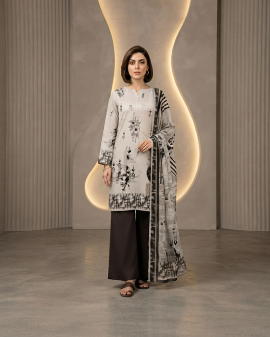 Printed Lawn 3Pc Suit – Grey & Dark Brown Abstract