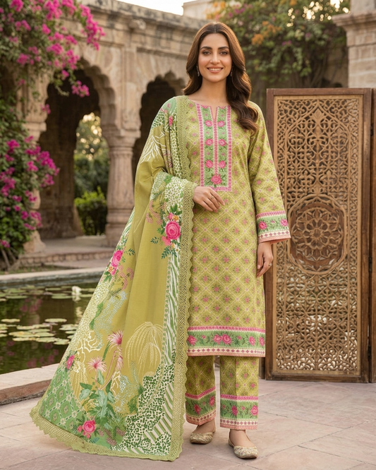 Printed Lawn 3Pc Suit – Olive Green Floral