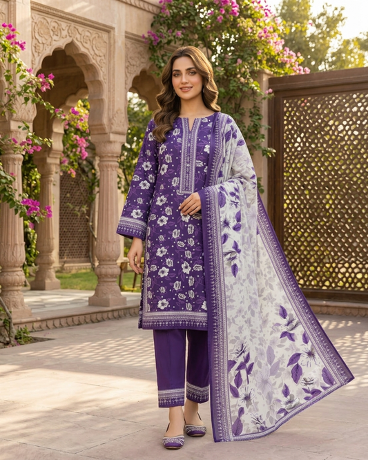 Printed Lawn 3Pc Suit - Purple Floral