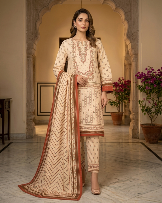 Printed Lawn 3Pc Suit – Beige & Rust Floral & Geometric