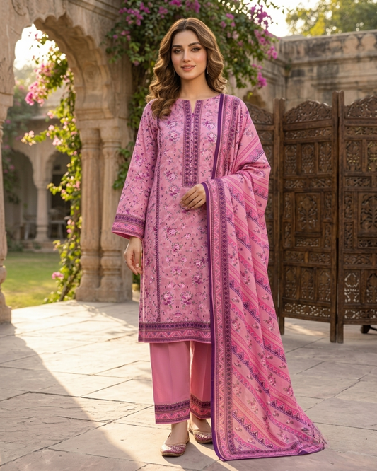 Printed Lawn 3Pc Suit – Pink Floral & Geometric