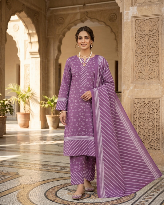 Printed Lawn 3Pc Suit – Purple Geometric