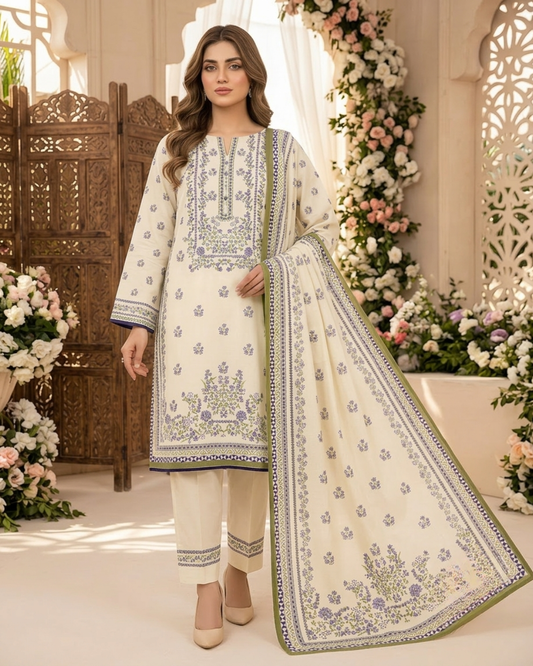 Printed Lawn 3Pc Suit – Off-White & Purple Floral