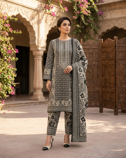 Printed Lawn 3Pc Suit – Black & Off-White Geometric