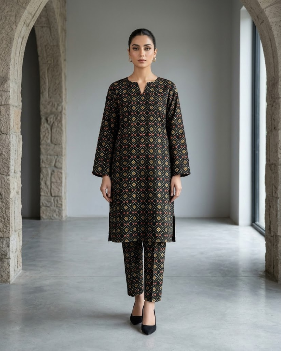 Summer Dynasty Printed 2Pc Cotton – Black Multi Motifs