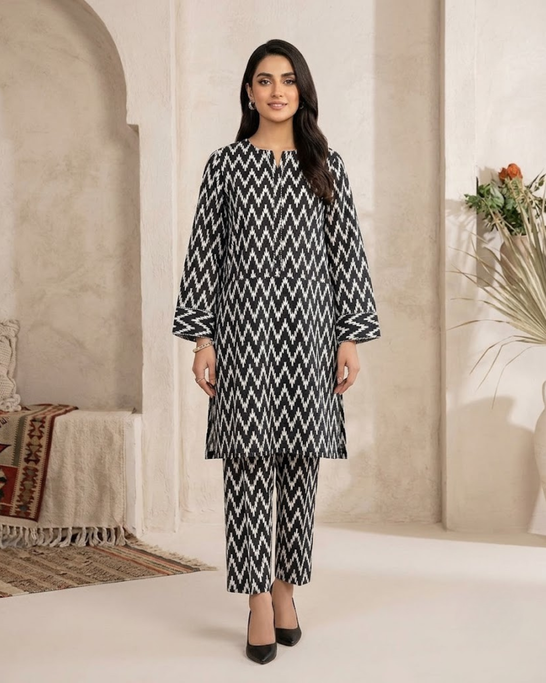 Summer Dynasty Printed 2Pc Cotton – Black White Chevron