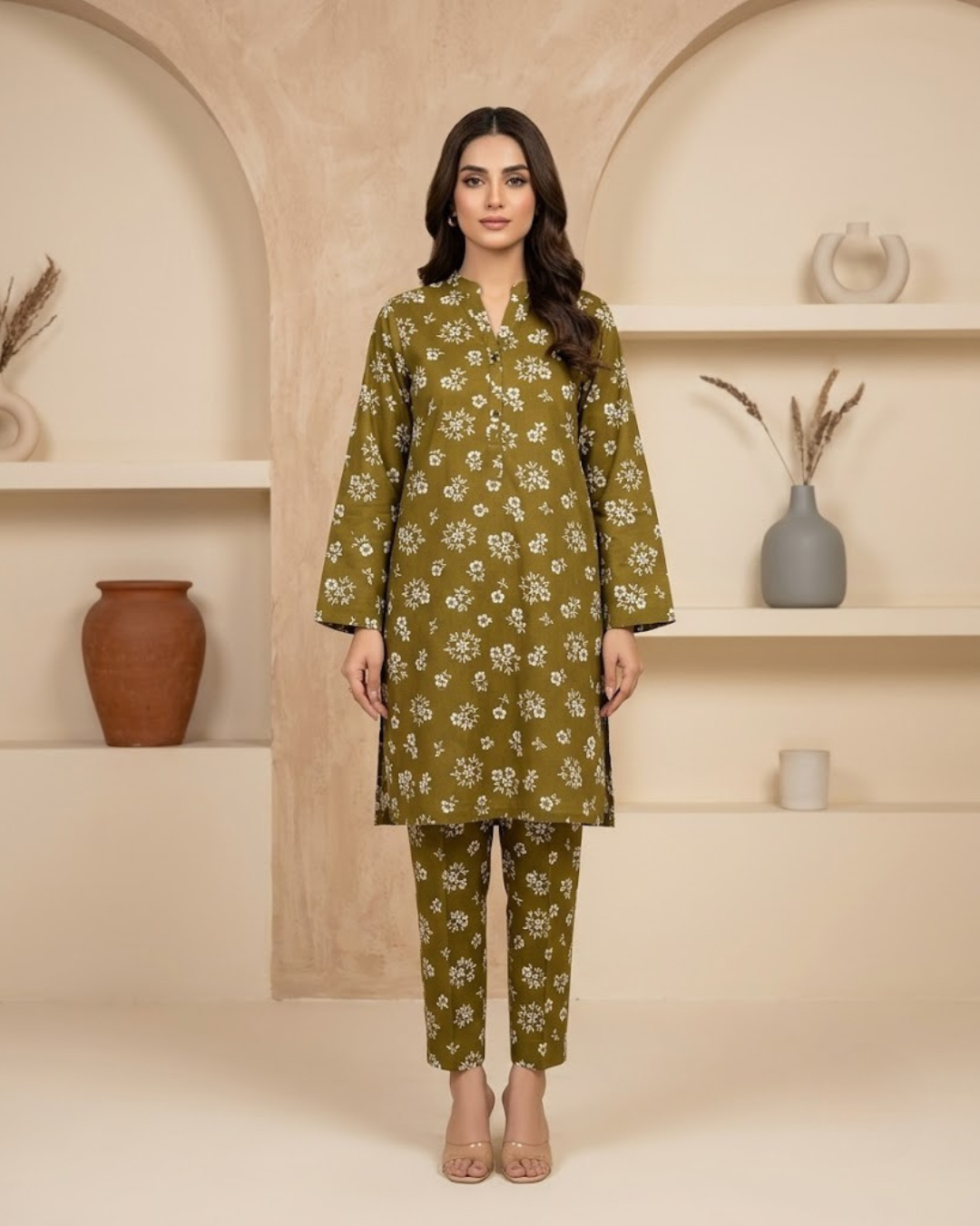 Summer Dynasty Printed 2Pc Cotton – Olive White