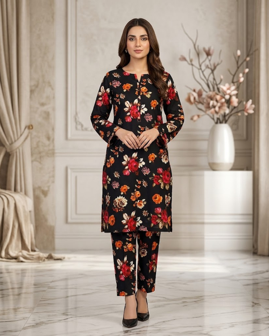 Summer Dynasty Printed 2Pc Cotton – Black Floral Vibrant