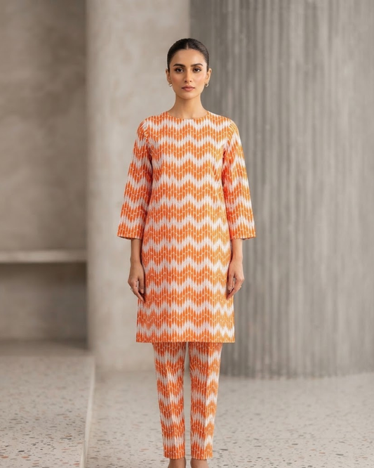 Winter Dynasty Printed 2Pc Cotton – Orange White