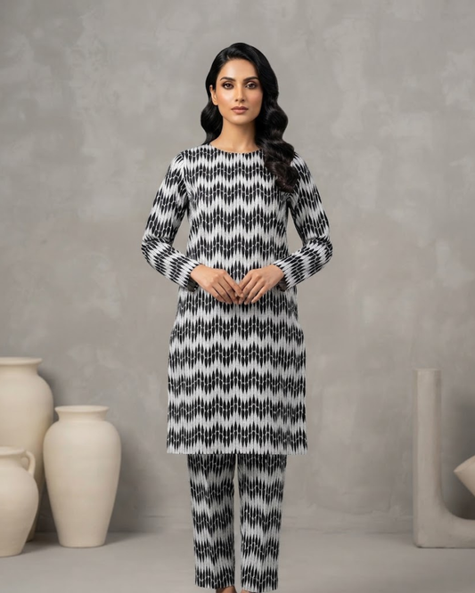 Winter Dynasty Printed 2Pc Cotton – Black White Chevron