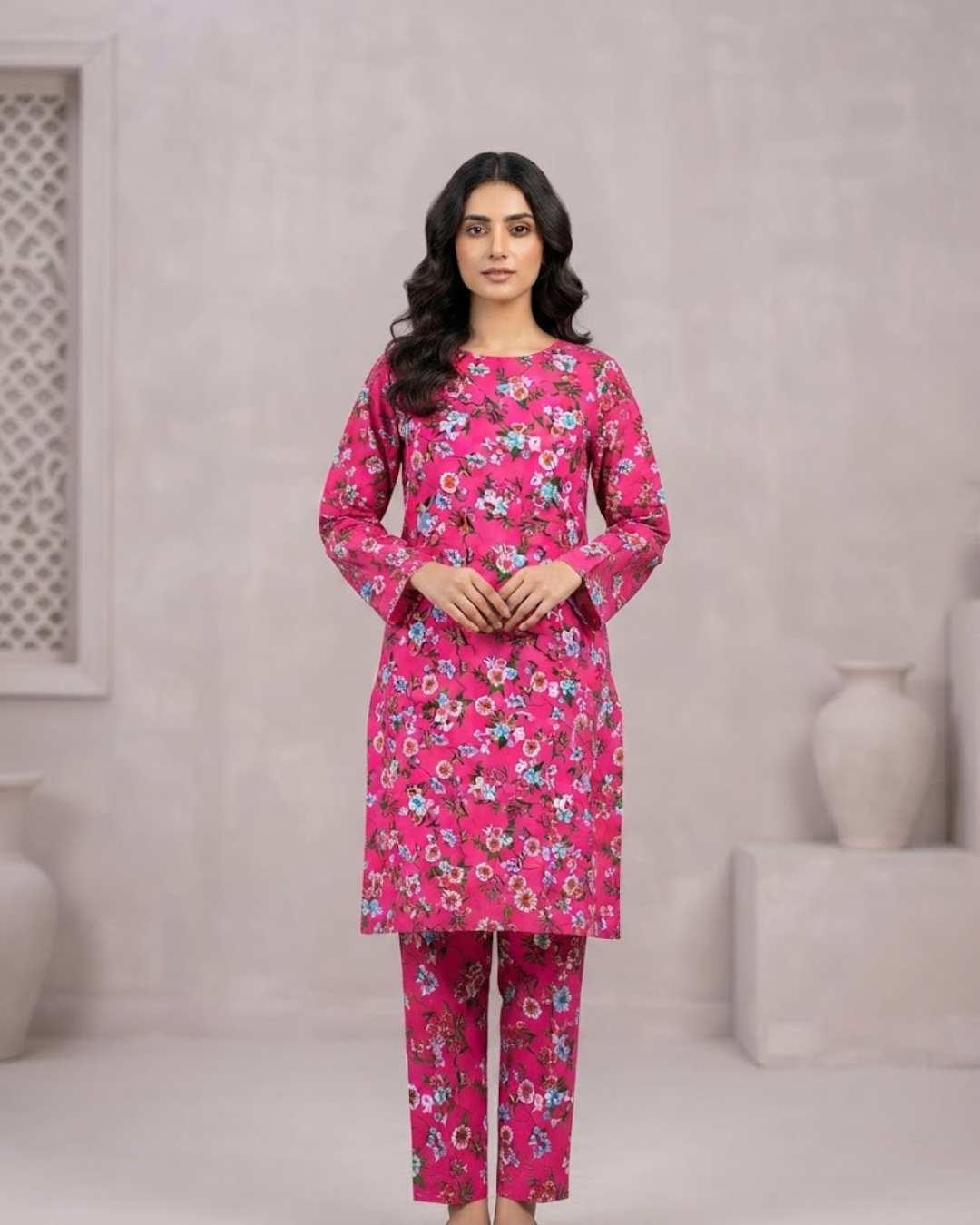 Summer Dynasty Printed 2Pc Cotton – Fuchsia Floral