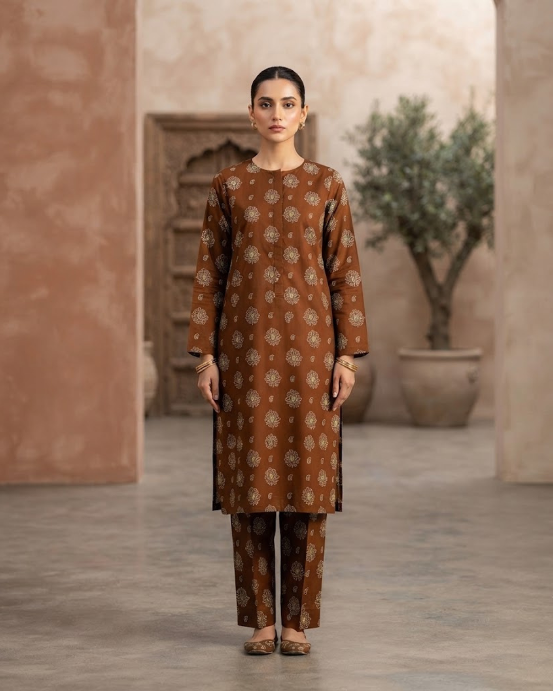 Summer Dynasty Printed 2Pc Cotton – Brown Motifs