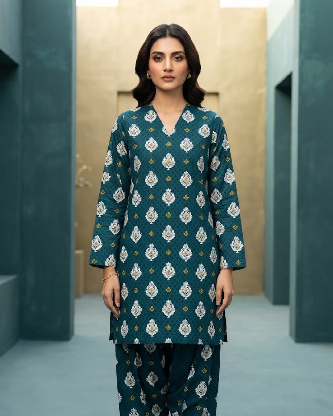 Summer Dynasty Printed 2Pc Cotton – Teal Motifs