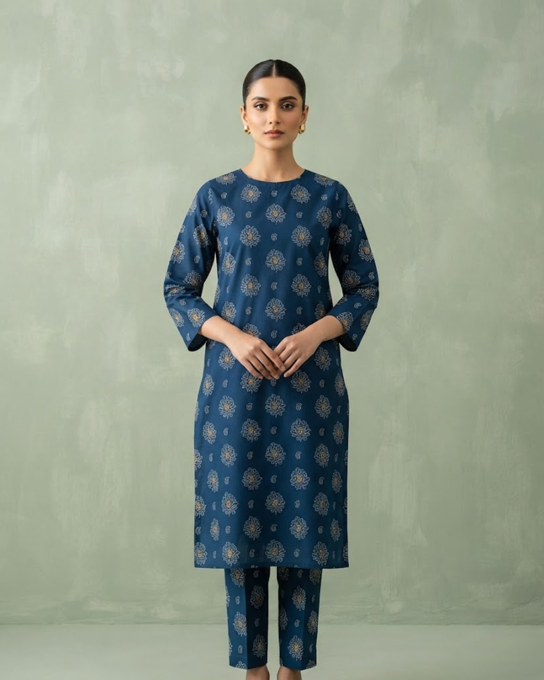 Summer Dynasty Printed 2Pc Cotton – Dark Blue Gold