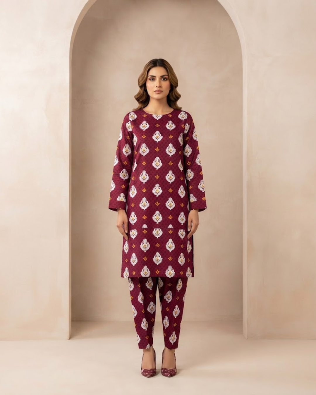 Summer Dynasty Printed 2Pc Cotton – Maroon Motifs