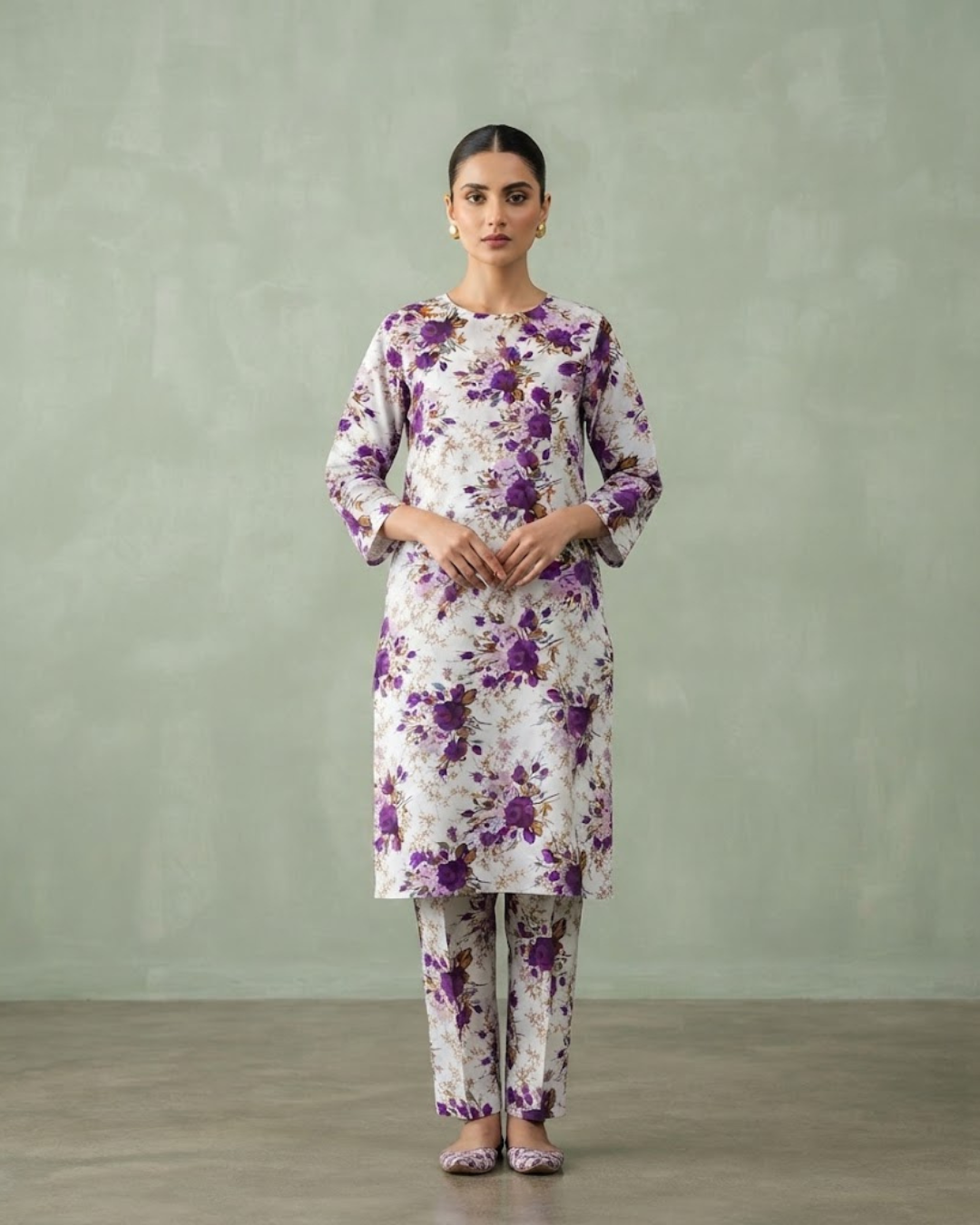 Summer Dynasty Printed 2Pc Cotton – White Purple