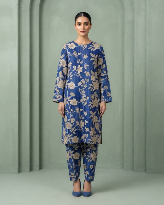 Summer Dynasty Printed 2Pc Cotton – Blue Beige