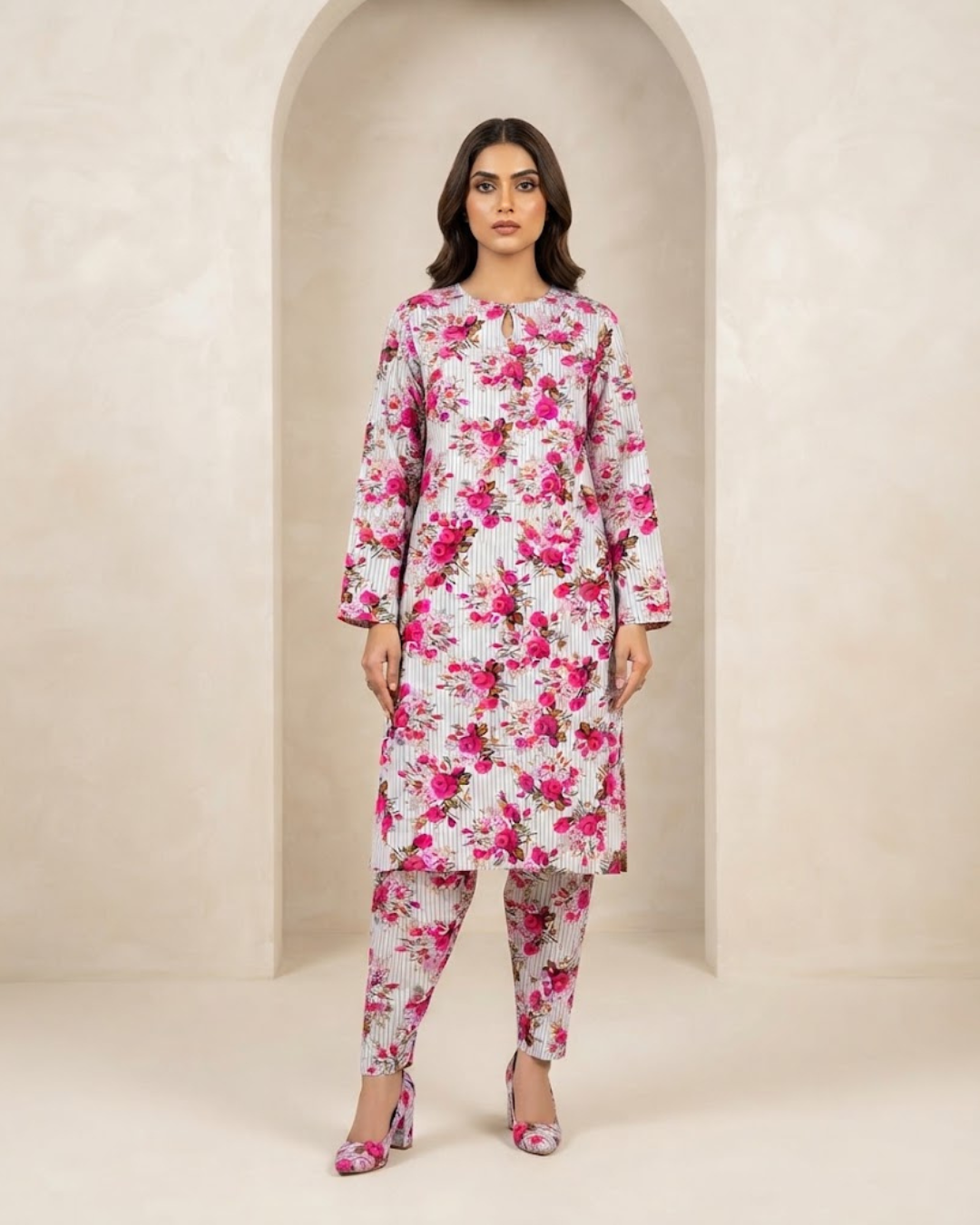 Summer Dynasty Printed 2Pc Cotton – Light Grey Pink
