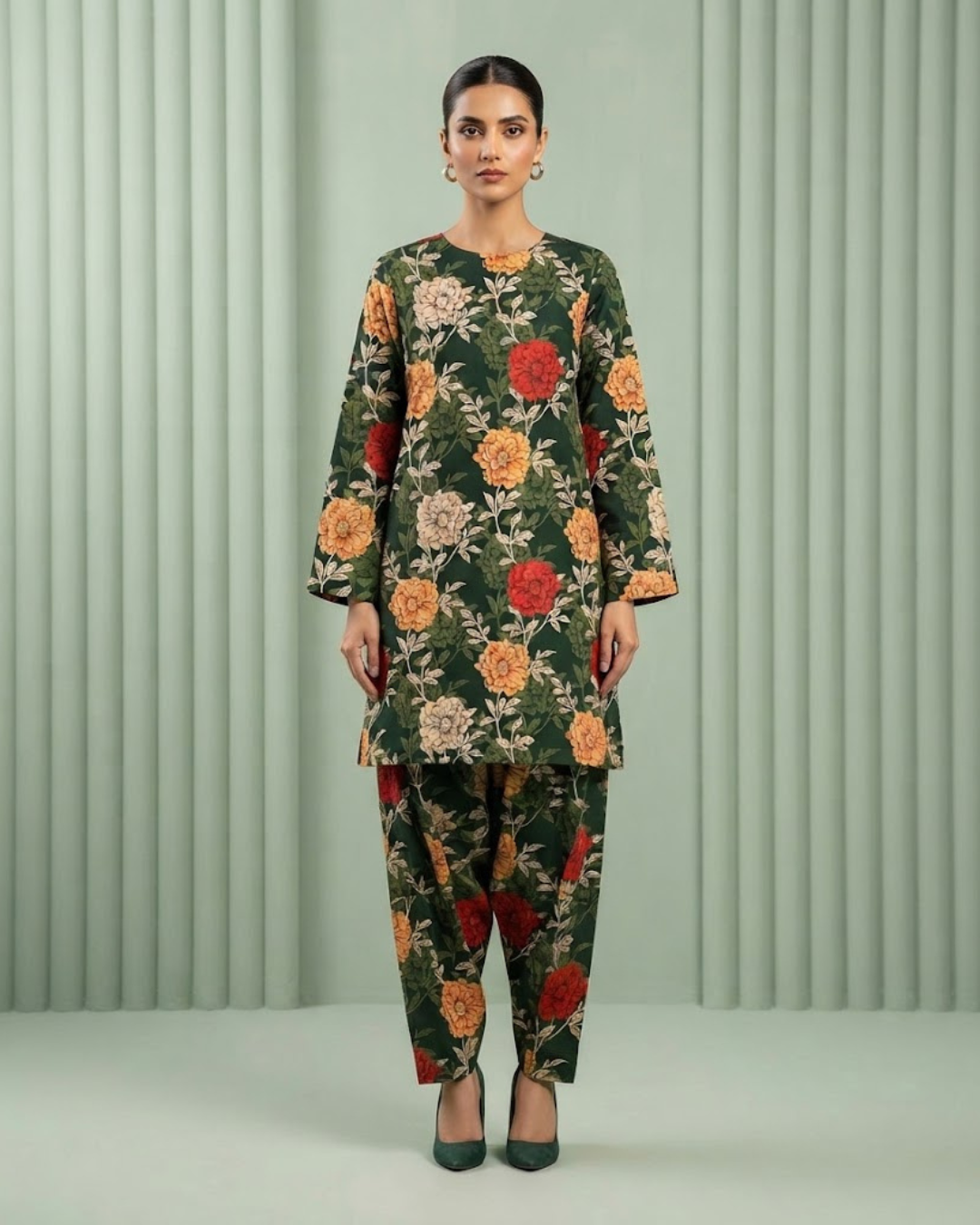 Summer Dynasty Printed 2Pc Cotton – Dark Green Multi