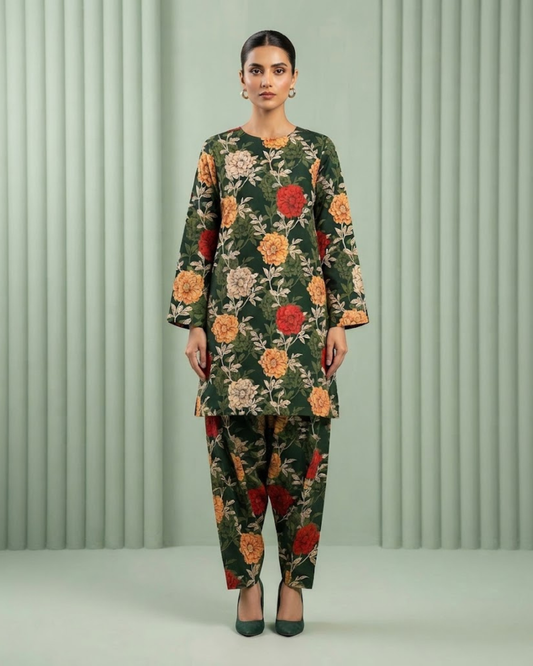 Winter Dynasty Printed 2Pc Cotton – Dark Green Multi