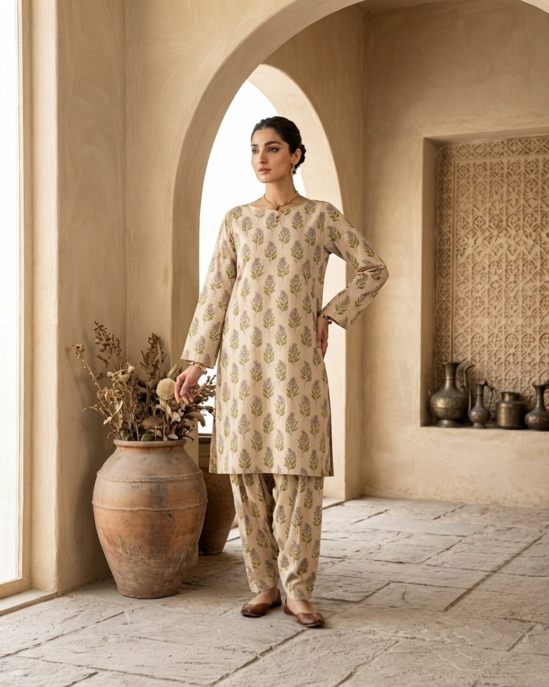 Summer Dynasty Printed 2Pc Cotton – Beige & Olive