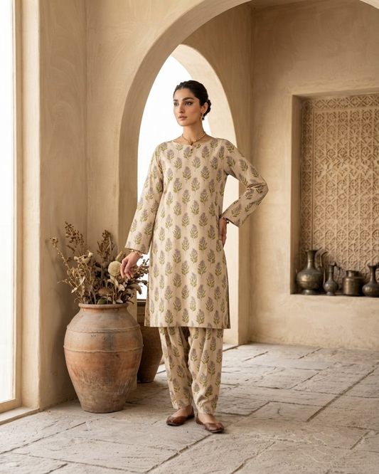 Winter Dynasty Printed 2Pc Cotton – Beige & Olive