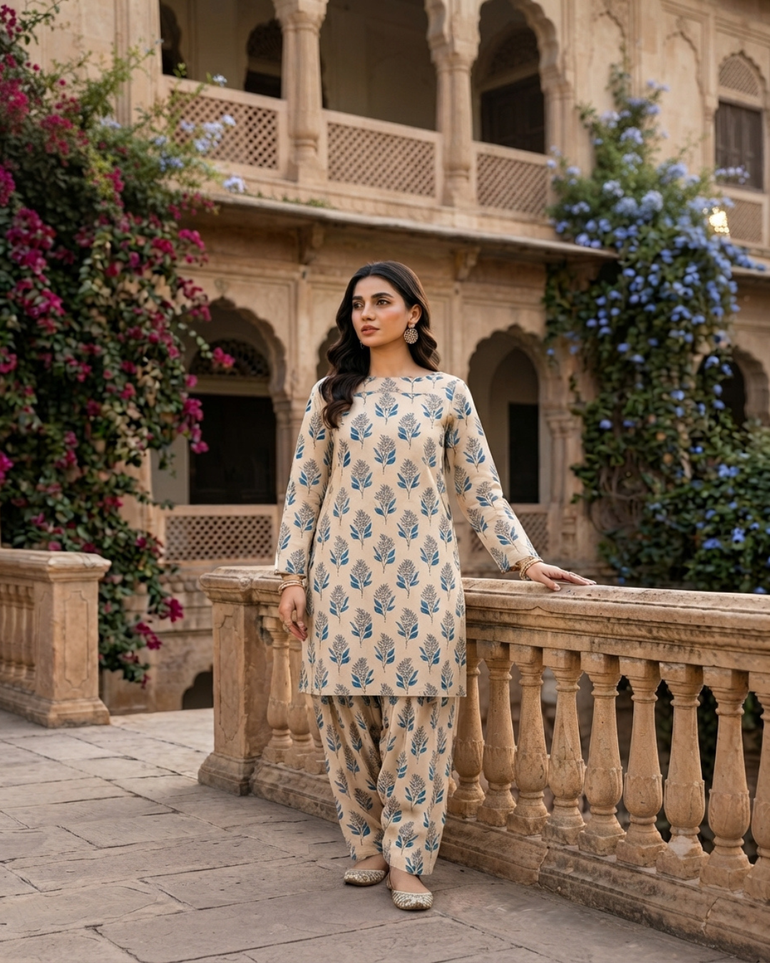 Summer Dynasty Printed 2Pc Cotton – Beige & Blue