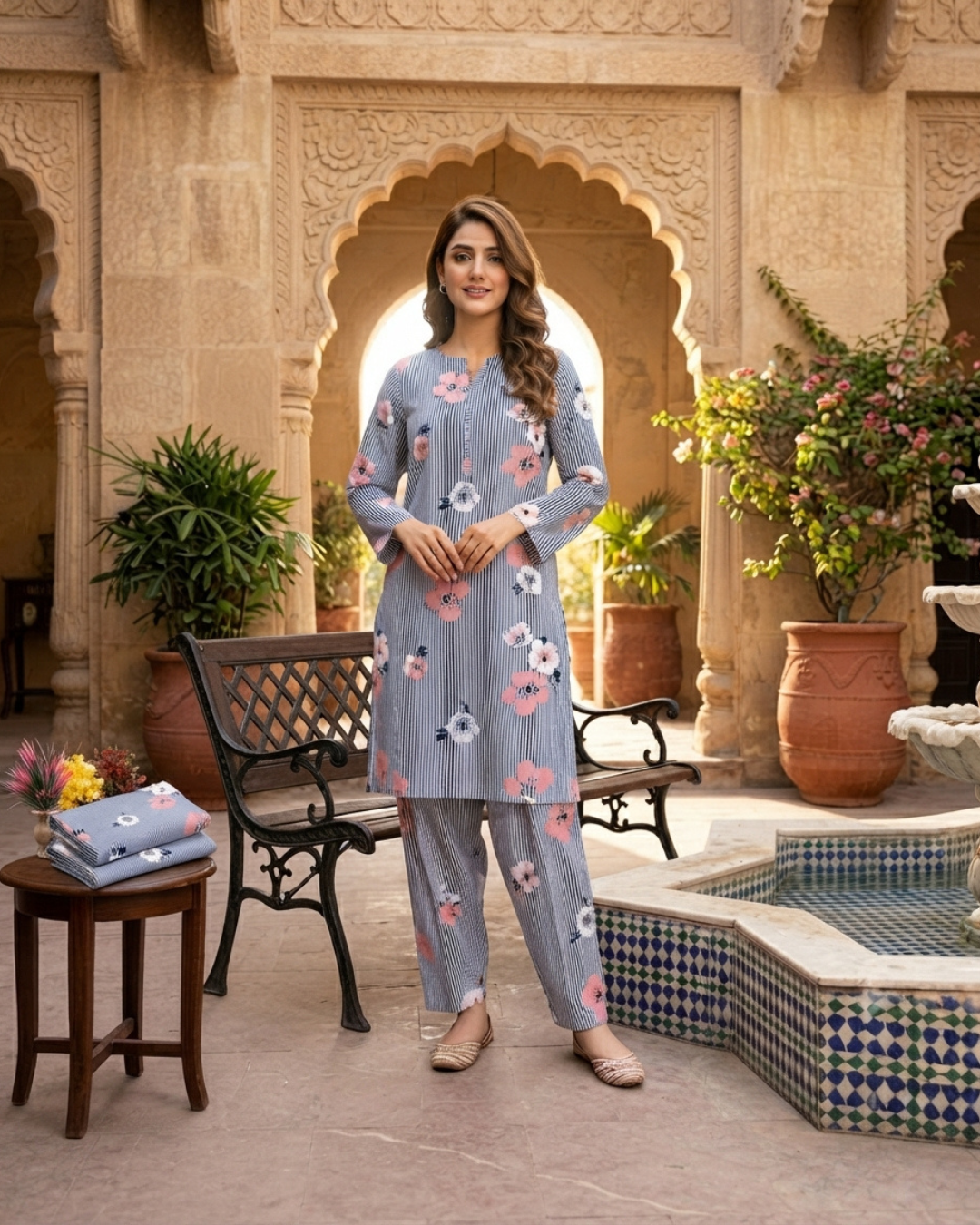 Summer Dynasty Printed 2Pc Cotton – Grey Striped Pink