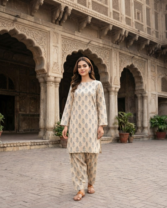 Winter Dynasty Printed 2Pc Cotton – Beige & Grey