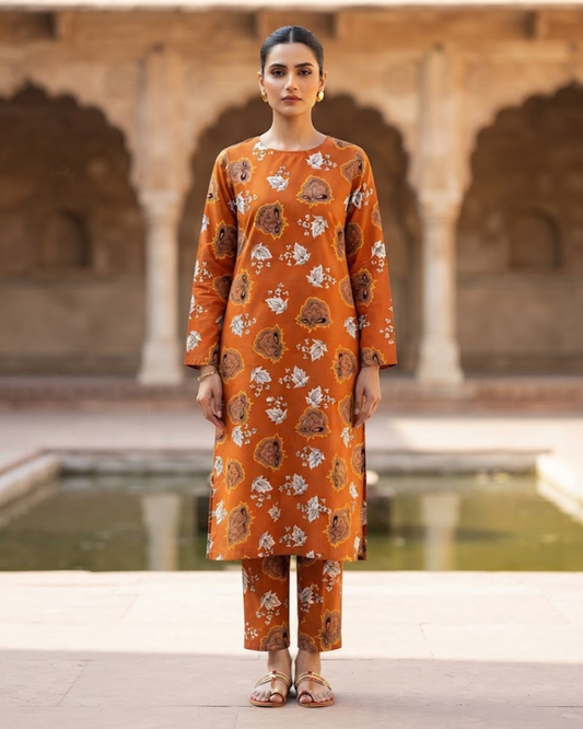 Summer Dynasty Printed 2Pc Cotton – Mustard Brown
