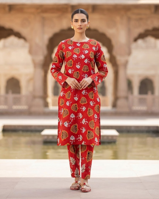 Summer Dynasty Printed 2Pc Cotton – Red & Mustard